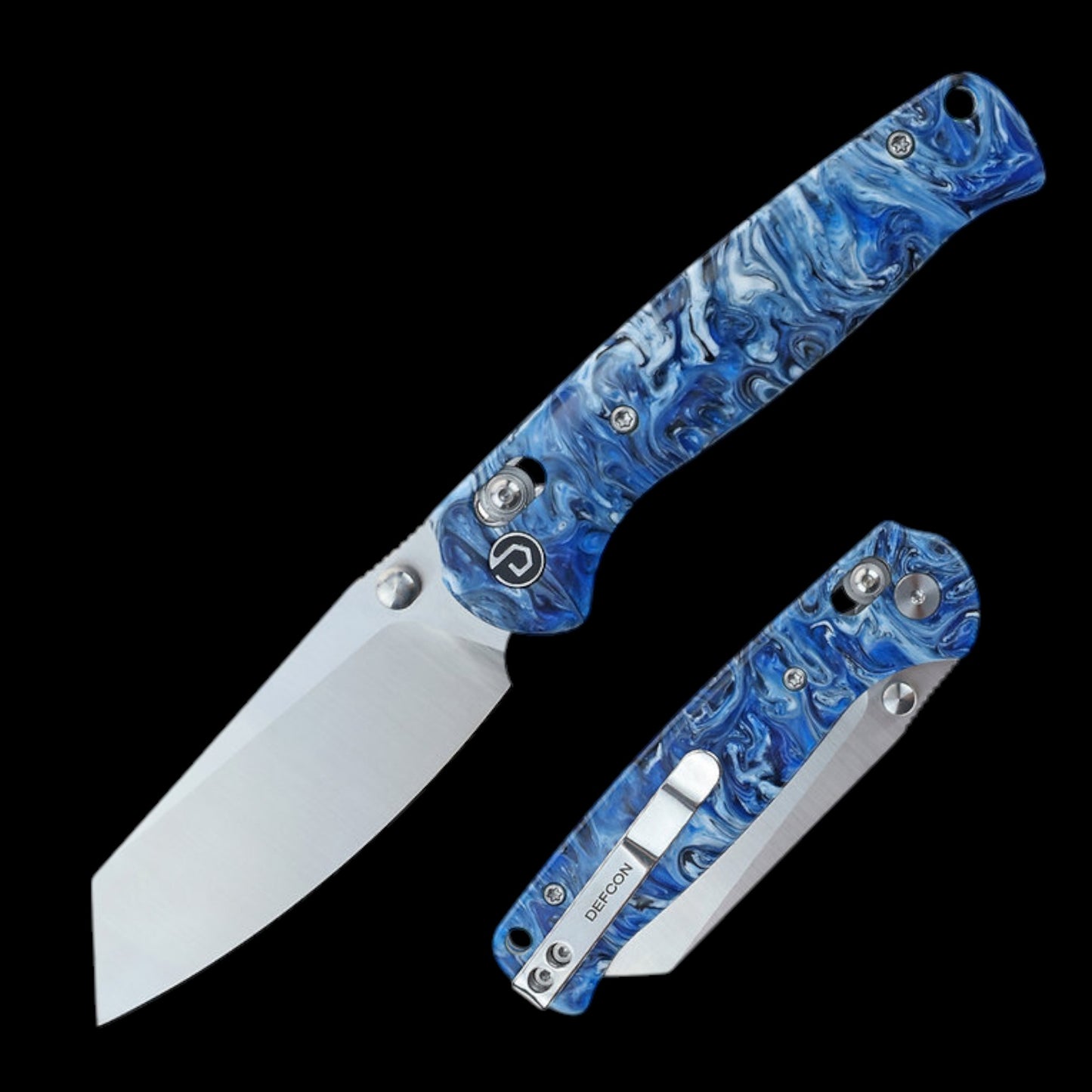 DEFCON TD024- ARTIFACT- Marble Resin Handle Axis Lock Folder Blue White