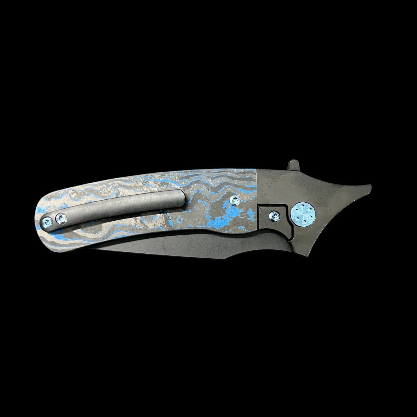 BEANS BLADES Javelin M390 Black PVD Drop Point, Titanium Black PVD handles with Electric Blue Camo Carbon.