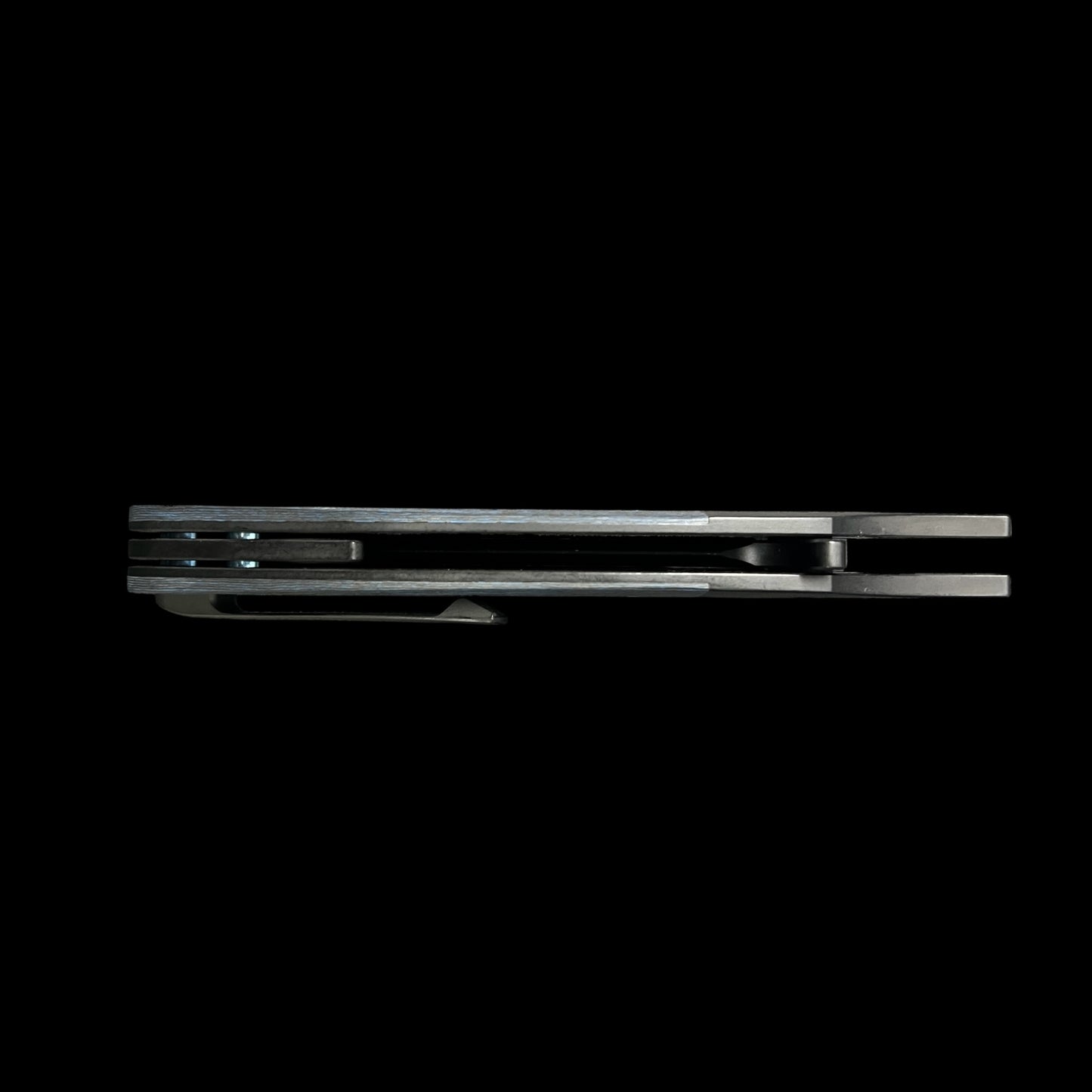 BEANS BLADES Javelin M390 Black PVD Drop Point, Titanium Black PVD handles with Electric Blue Camo Carbon.