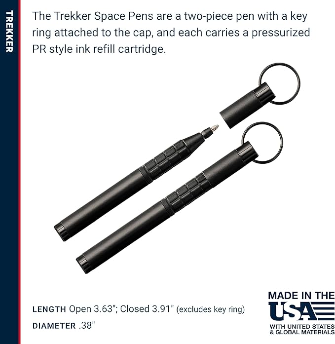 FISHER SPACE PEN Pen: Black, Trekker Space Pen, 1.1 mm, Capped, Bold, Black, Brass, Washable