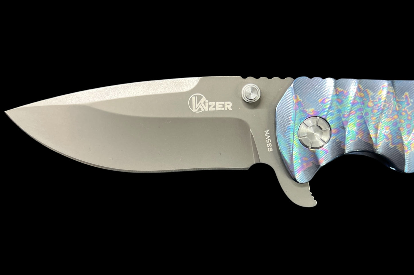 Kizer Cutlery Ki401C2 V3 Flipper 3.58" S35VN Black Blade, Rainbow Milled Titanium Handles, Frame Lock - Ki4401C2