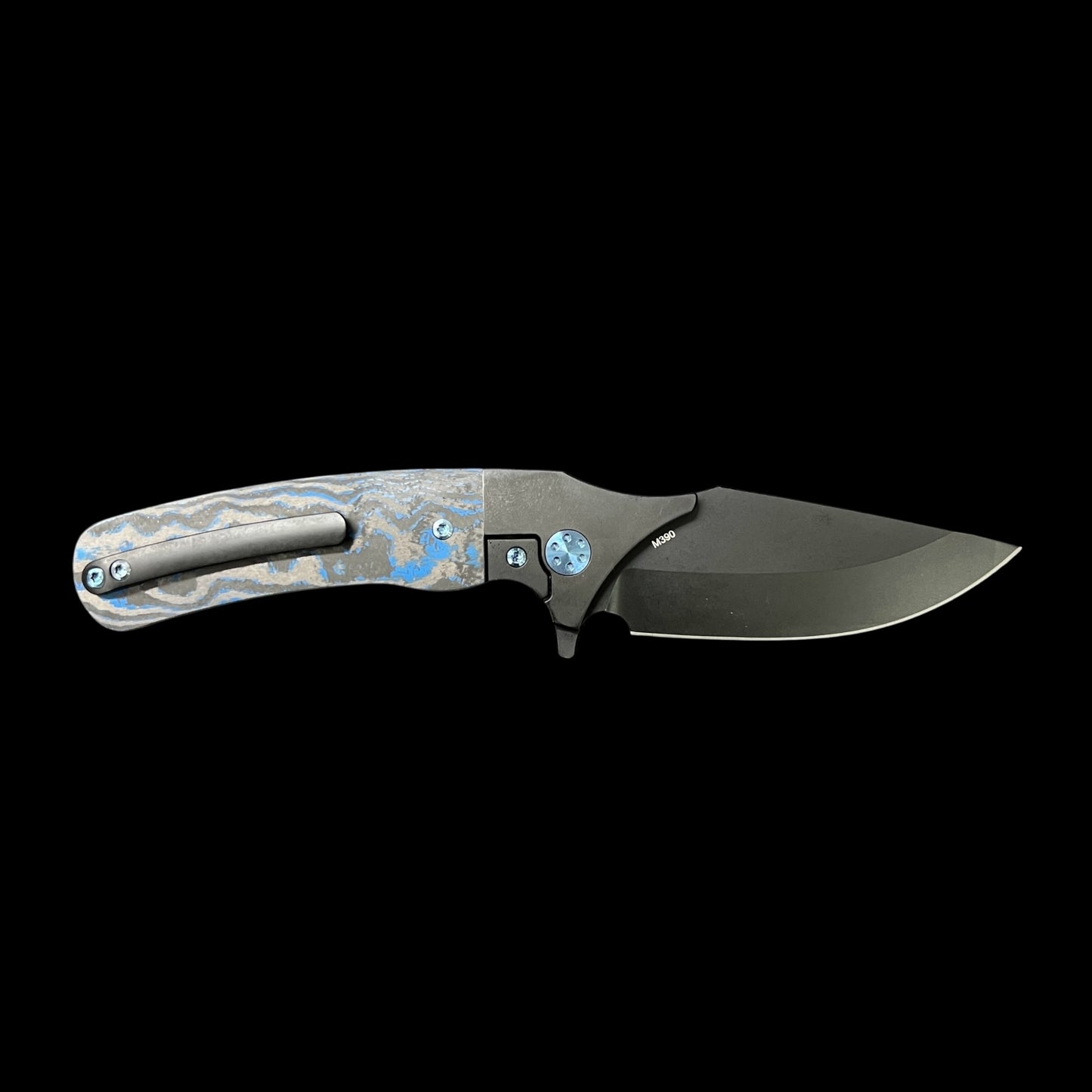 BEANS BLADES Javelin M390 Black PVD Drop Point, Titanium Black PVD handles with Electric Blue Camo Carbon.