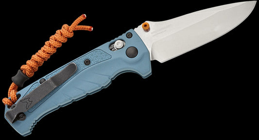 Benchmade Water Mini Adira Folding Knife 3.21" CPM-MagnaCut Stonewashed Drop Point Blade, Depth Blue Grivory Handles, Reversible Deep Carry Clip, AXIS/Crossbar Lock - 18065