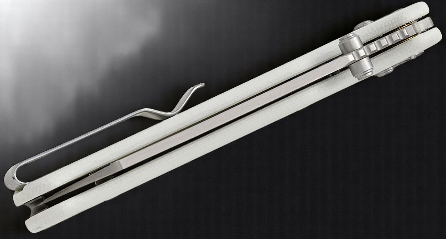 Bestechman Cicada's Wing B-Lock Folding Knife 3.15" Satin Reverse Tanto Blade, White G10 Handles, AXIS/Crossbar Lock - BMK06L