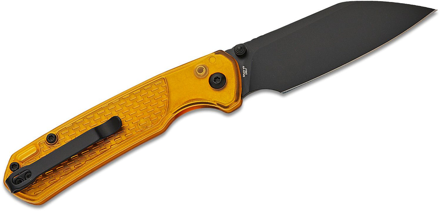 CJRB Cutlery Pyrite-Light Button Lock Folding Knife 3.34" AR-RPM9 Black Wharncliffe Blade, Amber FRN Handles - J1945-AMB