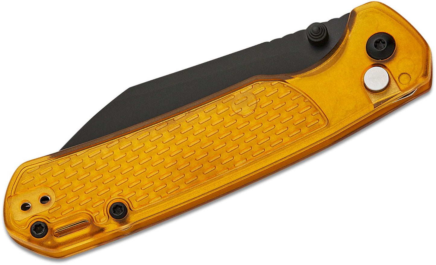 CJRB Cutlery Pyrite-Light Button Lock Folding Knife 3.34" AR-RPM9 Black Wharncliffe Blade, Amber FRN Handles - J1945-AMB