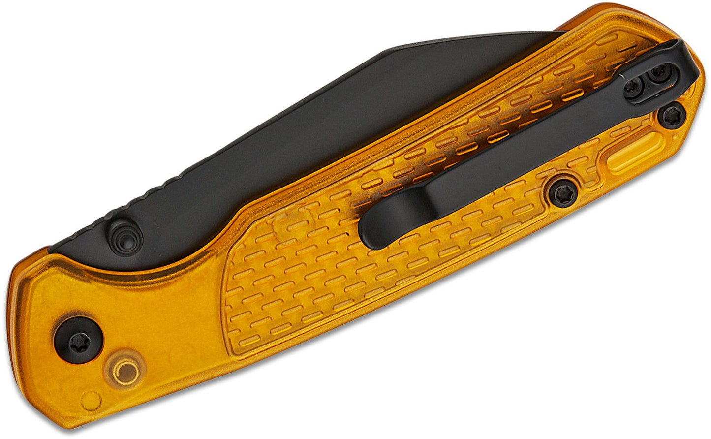 CJRB Cutlery Pyrite-Light Button Lock Folding Knife 3.34" AR-RPM9 Black Wharncliffe Blade, Amber FRN Handles - J1945-AMB