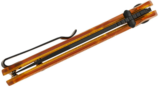 CJRB Cutlery Pyrite-Light Button Lock Folding Knife 3.34" AR-RPM9 Black Wharncliffe Blade, Amber FRN Handles - J1945-AMB