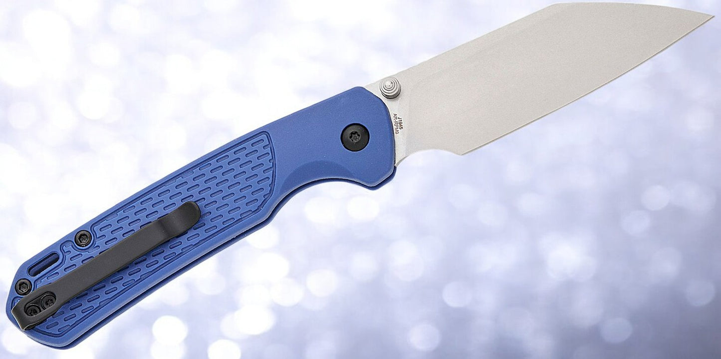 CJRB Cutlery Pyrite-Light Button Lock Folding Knife 3.34" AR-RPM9 Stonewashed Wharncliffe Blade, Blue FRN Handles - J1945-BU