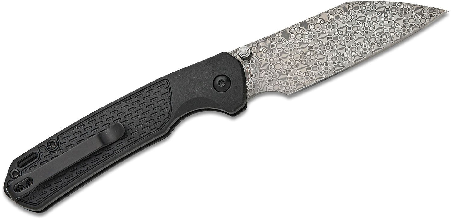 CJRB Cutlery Pyrite-Light Button Lock Folding Knife 3.34" "Rose" Damascus Wharncliffe Blade, Black FRN Handles - J1945D-BK