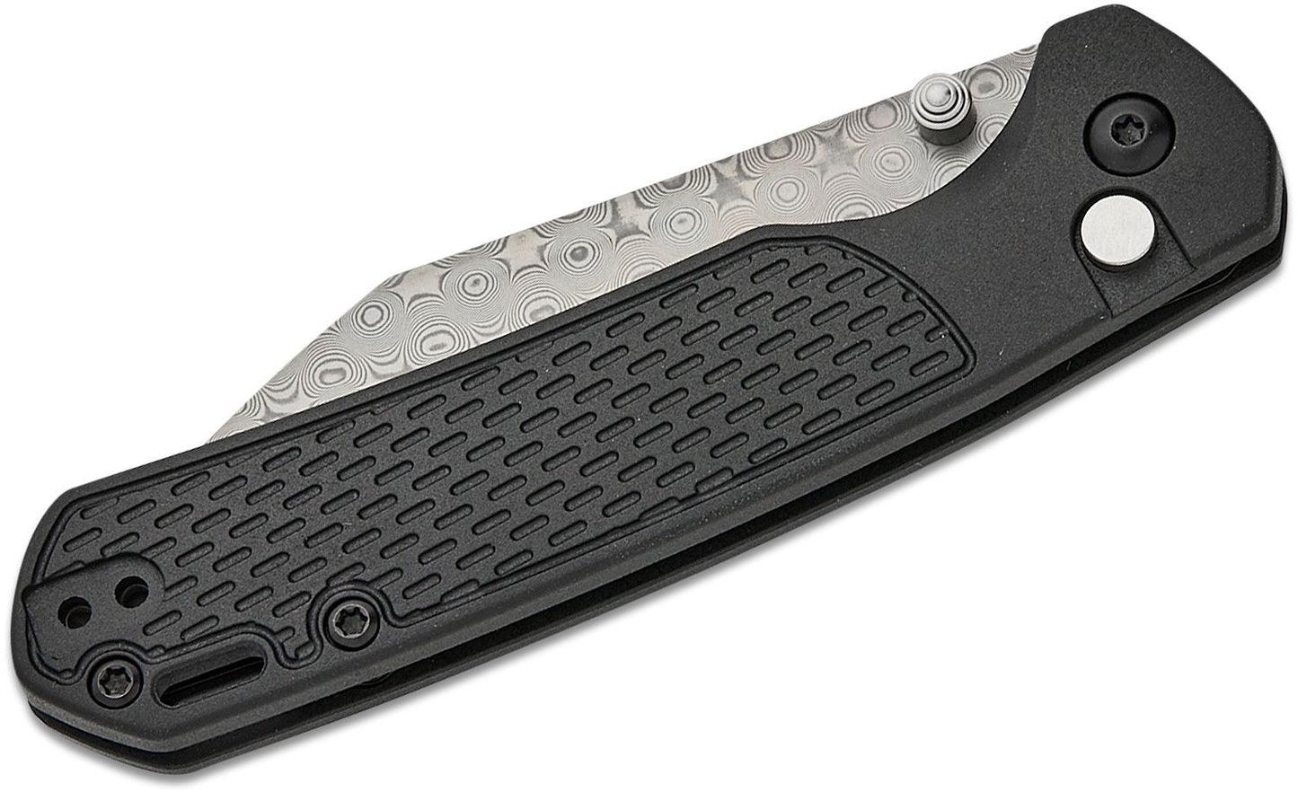 CJRB Cutlery Pyrite-Light Button Lock Folding Knife 3.34" "Rose" Damascus Wharncliffe Blade, Black FRN Handles - J1945D-BK