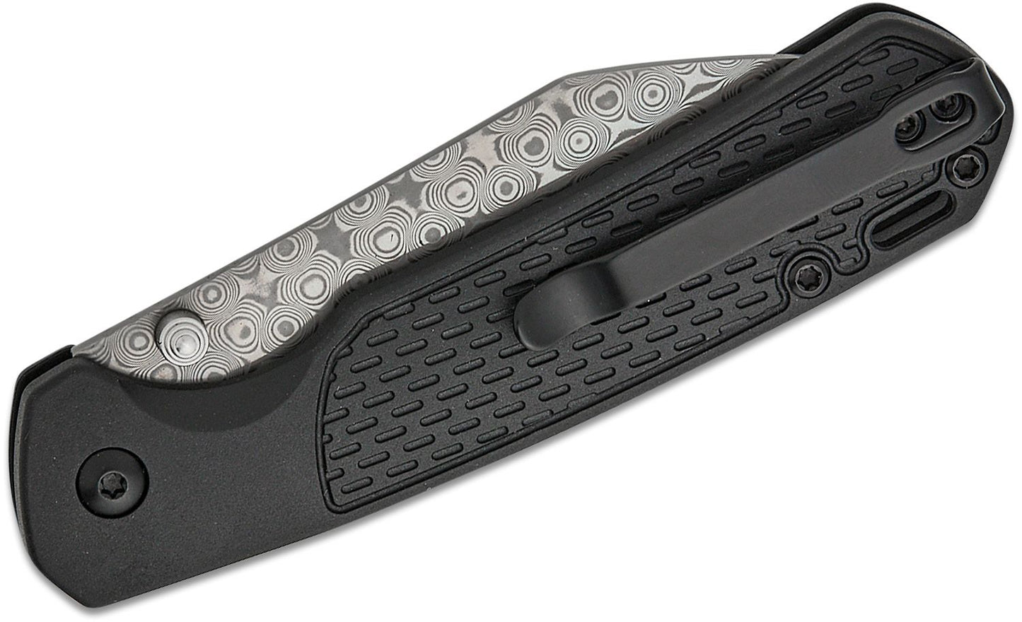 CJRB Cutlery Pyrite-Light Button Lock Folding Knife 3.34" "Rose" Damascus Wharncliffe Blade, Black FRN Handles - J1945D-BK