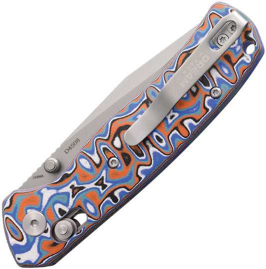 Dreamtech Axis Lock Blue Orange Micarta D4508MBO - Bead Blast 14C28N Stainless Tanto