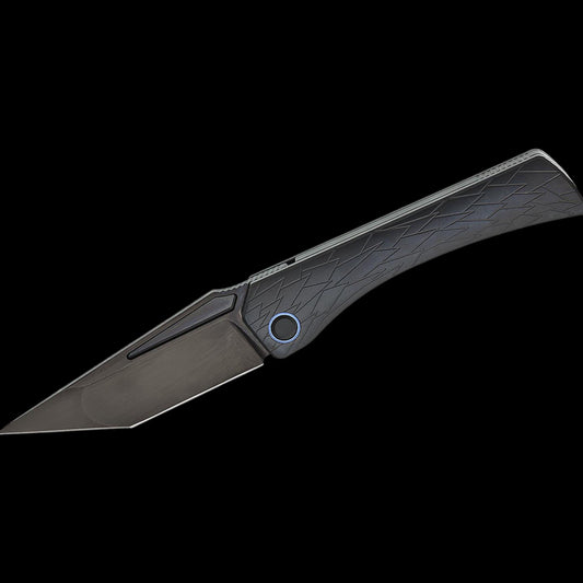 Ketuo Knife Usurper Liner Lock Folding Knife 3.43" M390 DLC Tanto Blade, DLC "Dragon Shard" Titanium Handles, Blue Pivot Collar, Blue Clip - KT-Usurper DLC