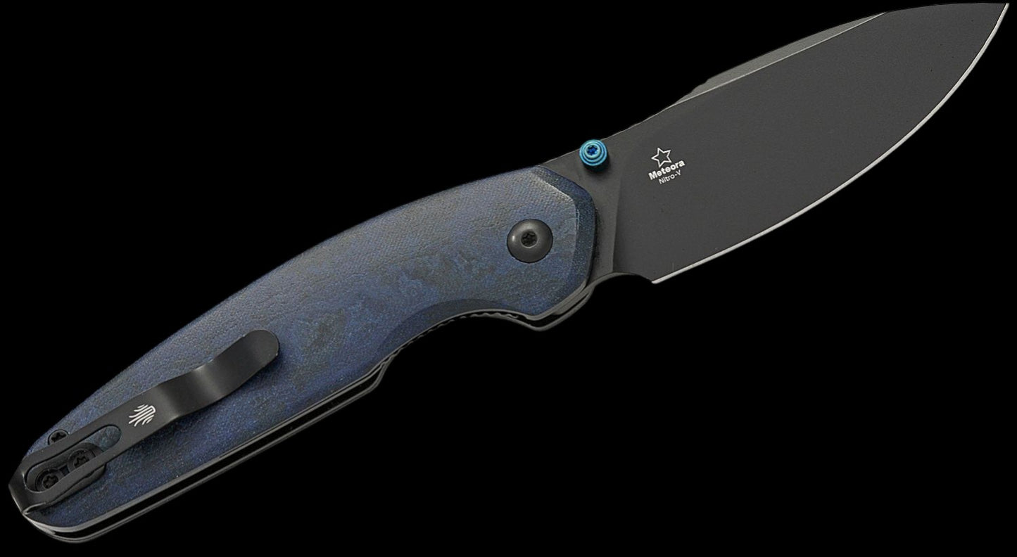 Kizer Cutlery Evgeniy Bulychev Meteora Folding Knife 3.22" Nitro-V Black PVD Drop Point Blade, Blue Canyon Richlite Handles, Liner Lock - V3730A3