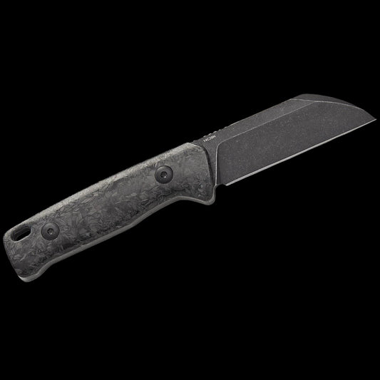 QSP Knives Baby Penguin Fixed Blade Knife 2.53" 14C28N Black Stonewashed Sheepsfoot Blade, Blue Glow-in-the-Dark Shredded Carbon Fiber Handles, Leather Sheath - QS130BP-F2