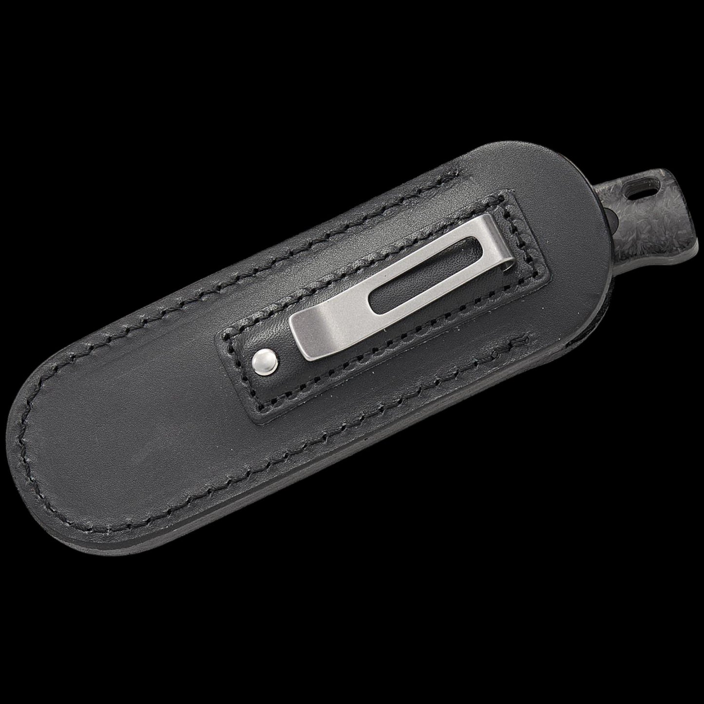 QSP Knives Baby Penguin Fixed Blade Knife 2.53" 14C28N Black Stonewashed Sheepsfoot Blade, Blue Glow-in-the-Dark Shredded Carbon Fiber Handles, Leather Sheath - QS130BP-F2