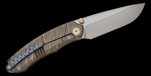 Remette Knives Wild Species Front Flipper Knife 3.35" M390 Pearlescent Satin Drop Point Blade, Tiger Stripe Flamed Titanium Handles, Frame Lock - WD108-C