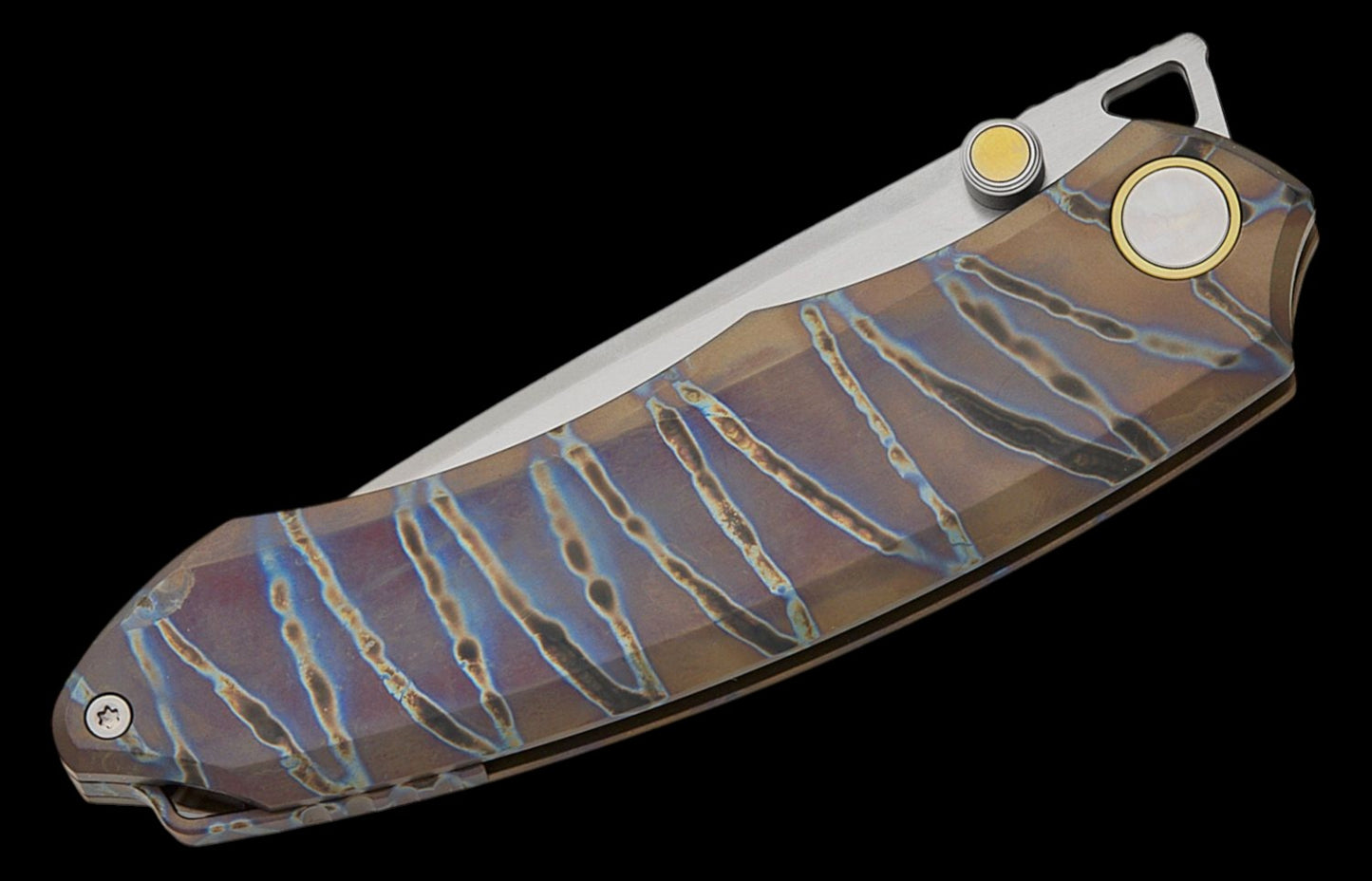 Remette Knives Wild Species Front Flipper Knife 3.35" M390 Pearlescent Satin Drop Point Blade, Tiger Stripe Flamed Titanium Handles, Frame Lock - WD108-C