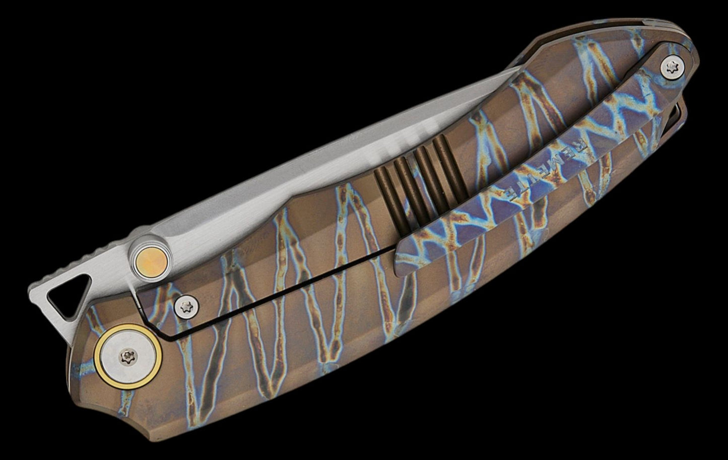 Remette Knives Wild Species Front Flipper Knife 3.35" M390 Pearlescent Satin Drop Point Blade, Tiger Stripe Flamed Titanium Handles, Frame Lock - WD108-C