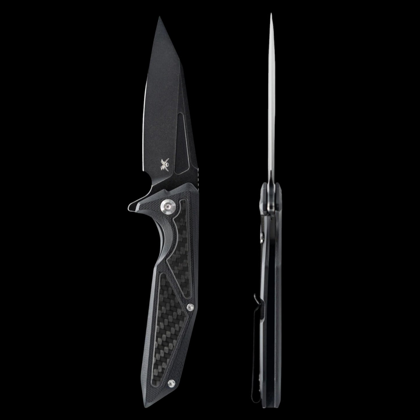 Skallywag Tactical Shadow Beard Frame Lock Flipper Knife 3.4" D2 Black PVD Drop Point Blade, Machined Black G10 Handle with Carbon Fiber Inlays and Titanium Lock