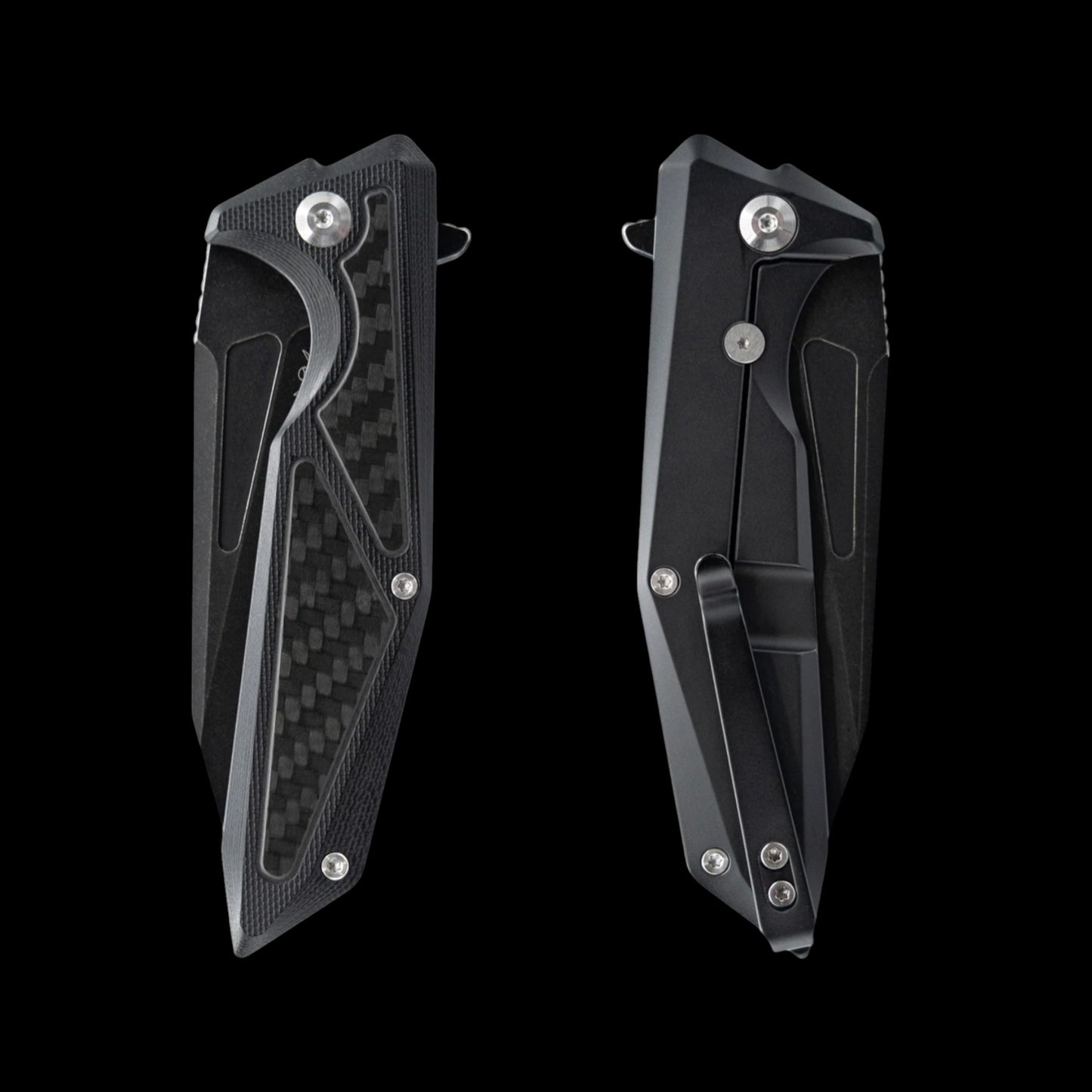 Skallywag Tactical Shadow Beard Frame Lock Flipper Knife 3.4" D2 Black PVD Drop Point Blade, Machined Black G10 Handle with Carbon Fiber Inlays and Titanium Lock