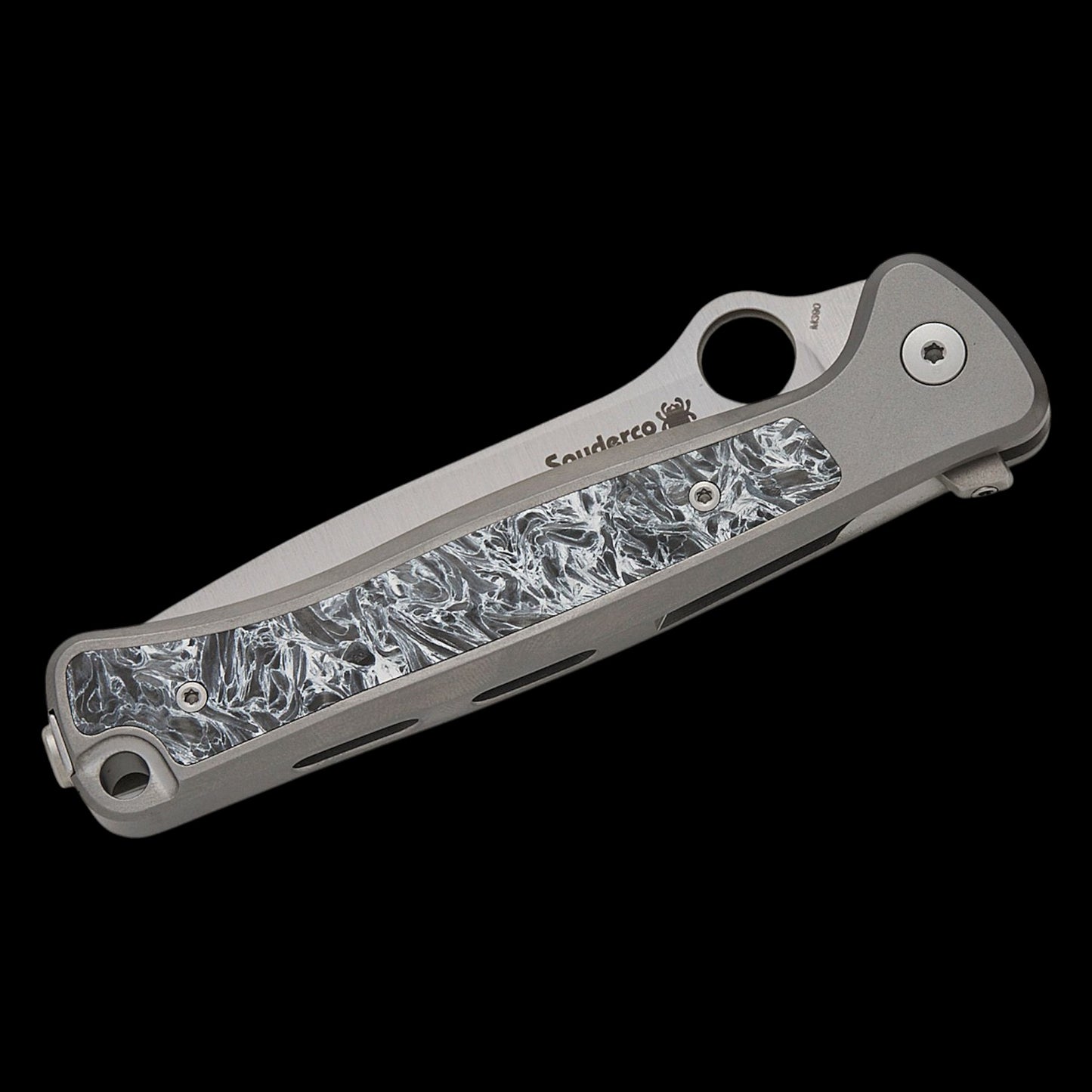 Spyderco/LionSTEEL Michele Pensato Slym Frame Lock Flipper Knife 3.42" M390 Stonewashed Drop Point Blade, Gray PVD Titanium Handles with Polar Dark Matter FatCarbon Inlay - C271TIP