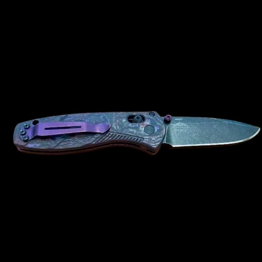 Benchmade 585BK-251 Gold Class Mini Barrage AXIS-Assisted Folding Knife 2.91" S90V Black DLC Battlewash Drop Point Plain Blade, Purple Haze FatCarbon Handles