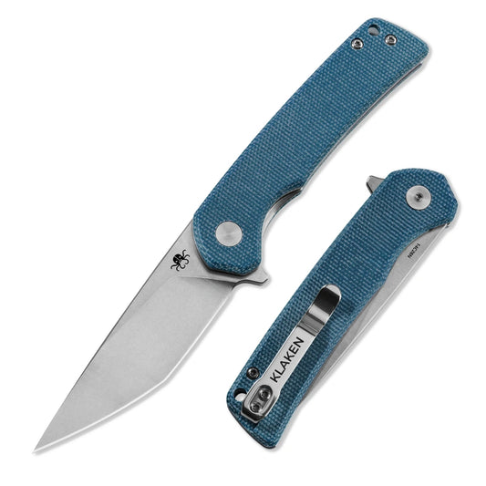 Klaken Knives Virex Linerlock Tanto Blue Micarta 14C28N
