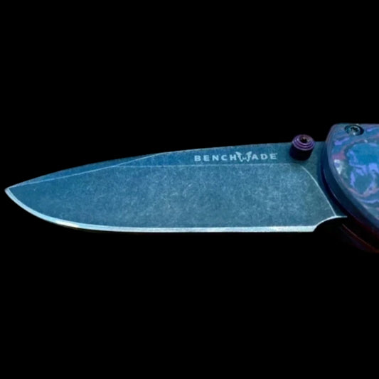 Benchmade 585BK-251 Gold Class Mini Barrage AXIS-Assisted Folding Knife 2.91" S90V Black DLC Battlewash Drop Point Plain Blade, Purple Haze FatCarbon Handles