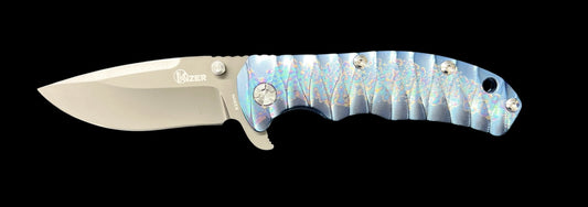 Kizer Cutlery Ki401C2 V3 Flipper 3.58" S35VN Black Blade, Rainbow Milled Titanium Handles, Frame Lock - Ki4401C2