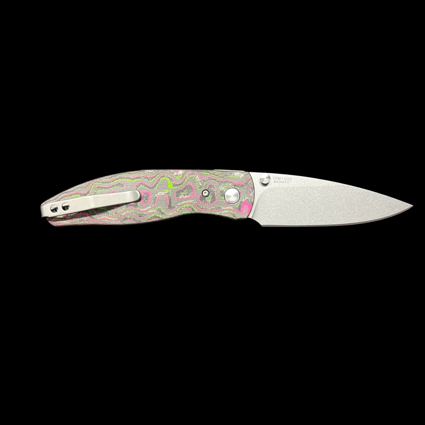 Three Rivers Manufacturing TRM Atom Liner Lock Watermelon Sugar Camo Carbon 3D Contoured Scales Stonewashed MagnaCut Blade
