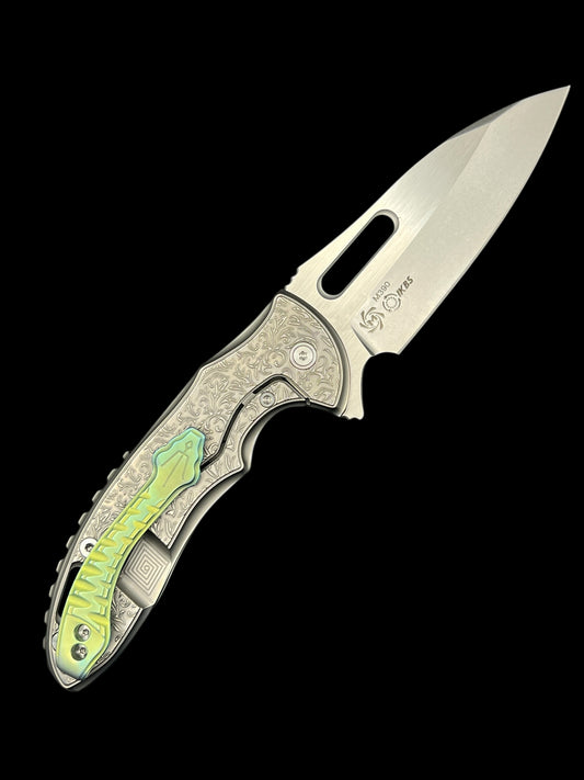 MECHFORCE RICK LALA COLLAB SENTRY FOLDING KNIFE SCROLL PATTERN TITANIUM HANDLE M390 GREEN ANODIZED POCKET CLIP