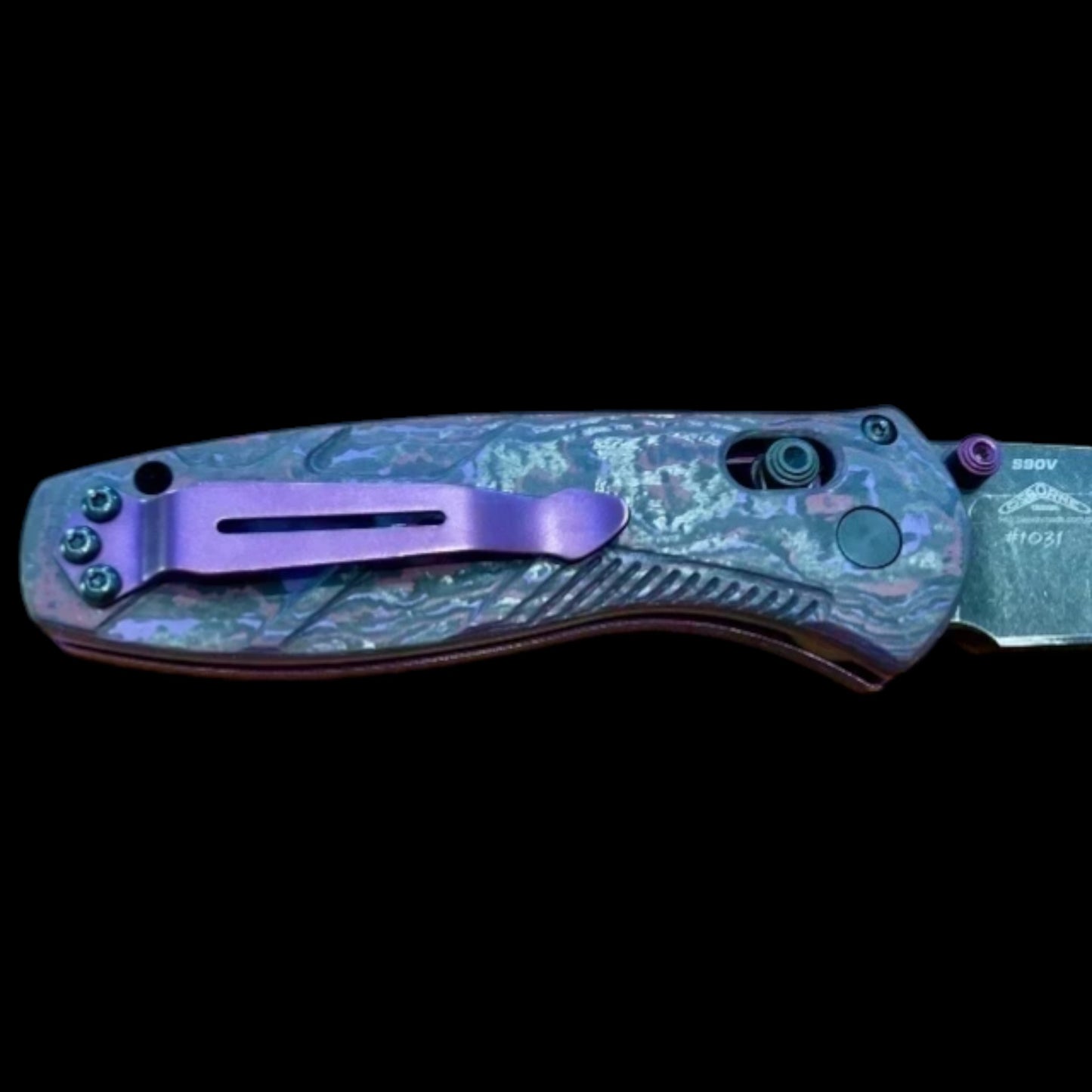 Benchmade 585BK-251 Gold Class Mini Barrage AXIS-Assisted Folding Knife 2.91" S90V Black DLC Battlewash Drop Point Plain Blade, Purple Haze FatCarbon Handles