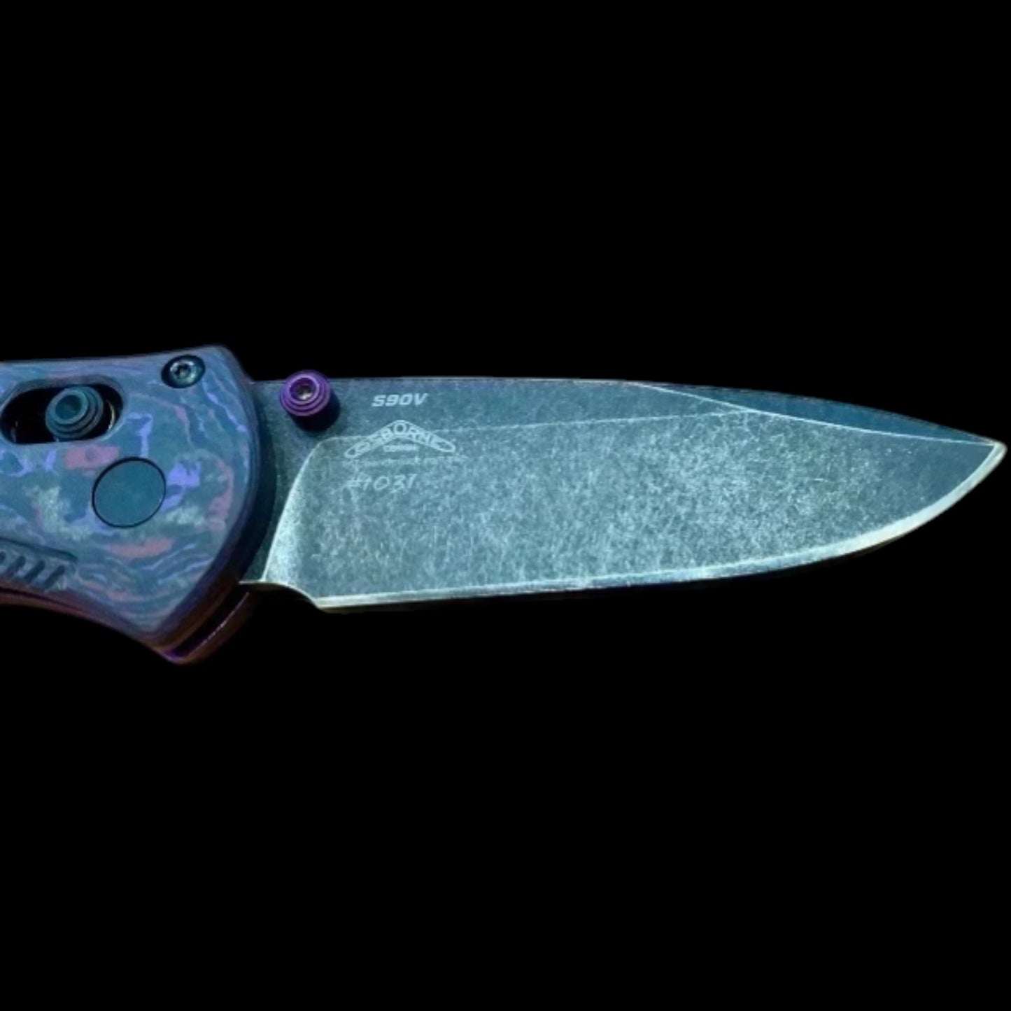 Benchmade 585BK-251 Gold Class Mini Barrage AXIS-Assisted Folding Knife 2.91" S90V Black DLC Battlewash Drop Point Plain Blade, Purple Haze FatCarbon Handles