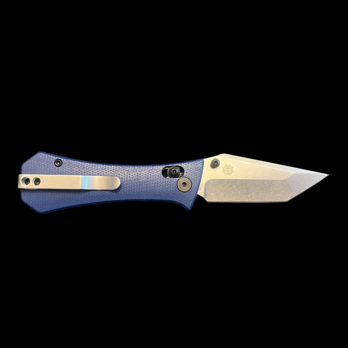 AUXMFG COFFIN CROSSBAR 2.7" EDC FOLDING KNIFE BLUE MICARTA with RED BACKSPACER