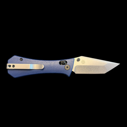 AUXMFG COFFIN CROSSBAR 2.7" EDC FOLDING KNIFE BLUE MICARTA with RED BACKSPACER