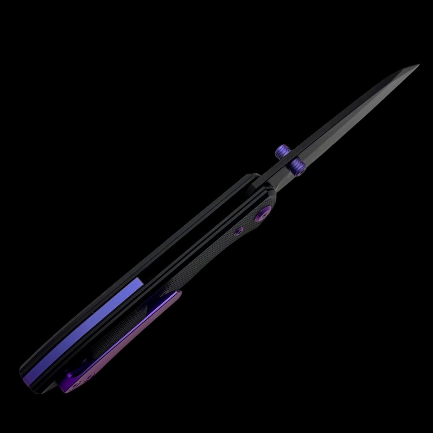 Chaves Knives Brad Blount The Arrestor 229 Black Knurled Aluminum Handles w/ Purple Ti Hardware & Black PVD 154CM - Blue Label