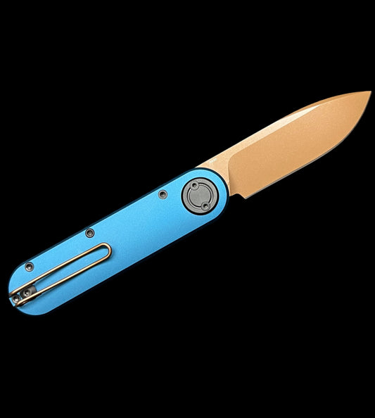 Vosteed Knives Corgi V 295 Vanchor Lock - Blue Ocean Micarta Show Side / Blue Aluminum Carry Side Scales / Copper Dune Blade