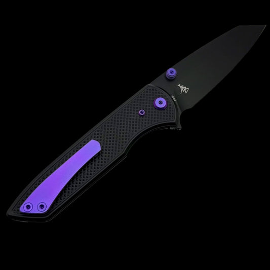 Chaves Knives Brad Blount The Arrestor 229 Black Knurled Aluminum Handles w/ Purple Ti Hardware & Black PVD 154CM - Blue Label