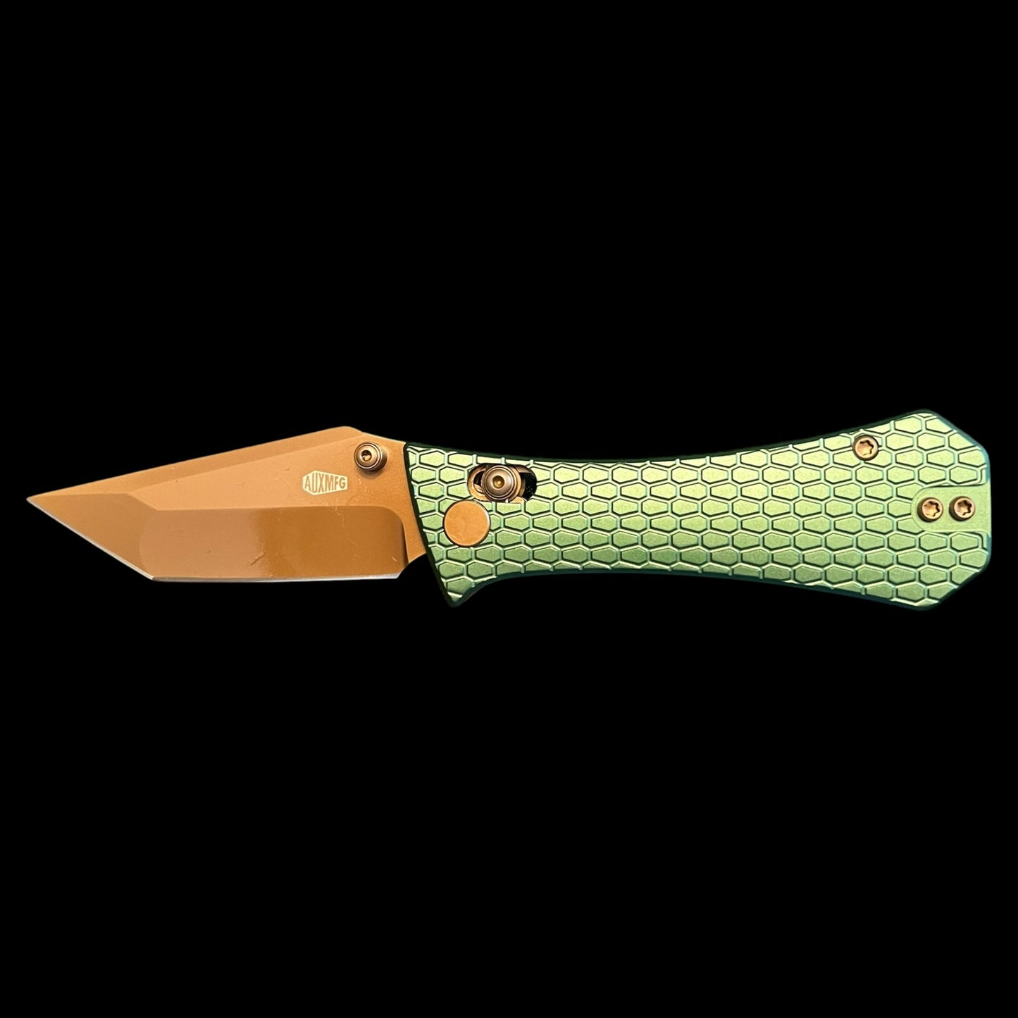 AUXMFG COFFIN CROSSBAR 2.7" EDC FOLDING KNIFE GREEN ANODIZED ALUMINUM  SCALES - ROSE GOLD PVD BLADE