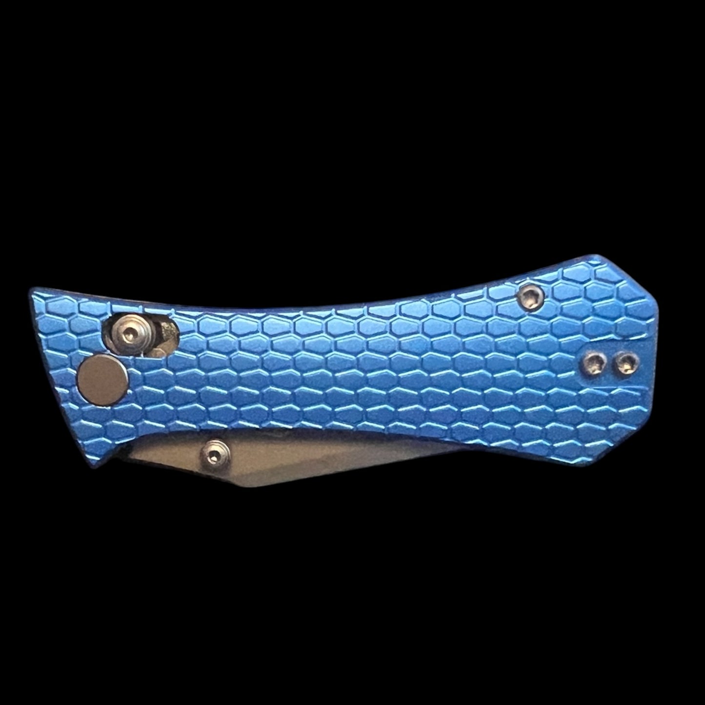 AUXMFG COFFIN CROSSBAR 2.7" EDC FOLDING KNIFE BLUE ANODIZED ALUMINUM  SCALES - SMOKE PVD BLADE