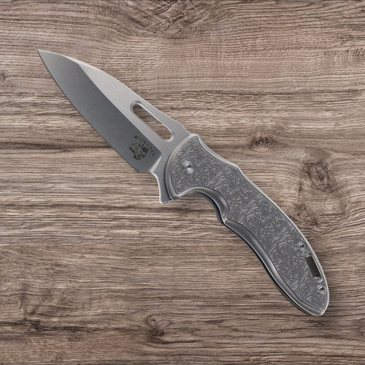 MECHFORCE RICK LALA COLLAB SENTRY FOLDING KNIFE SCROLL PATTERN TITANIUM HANDLE M390