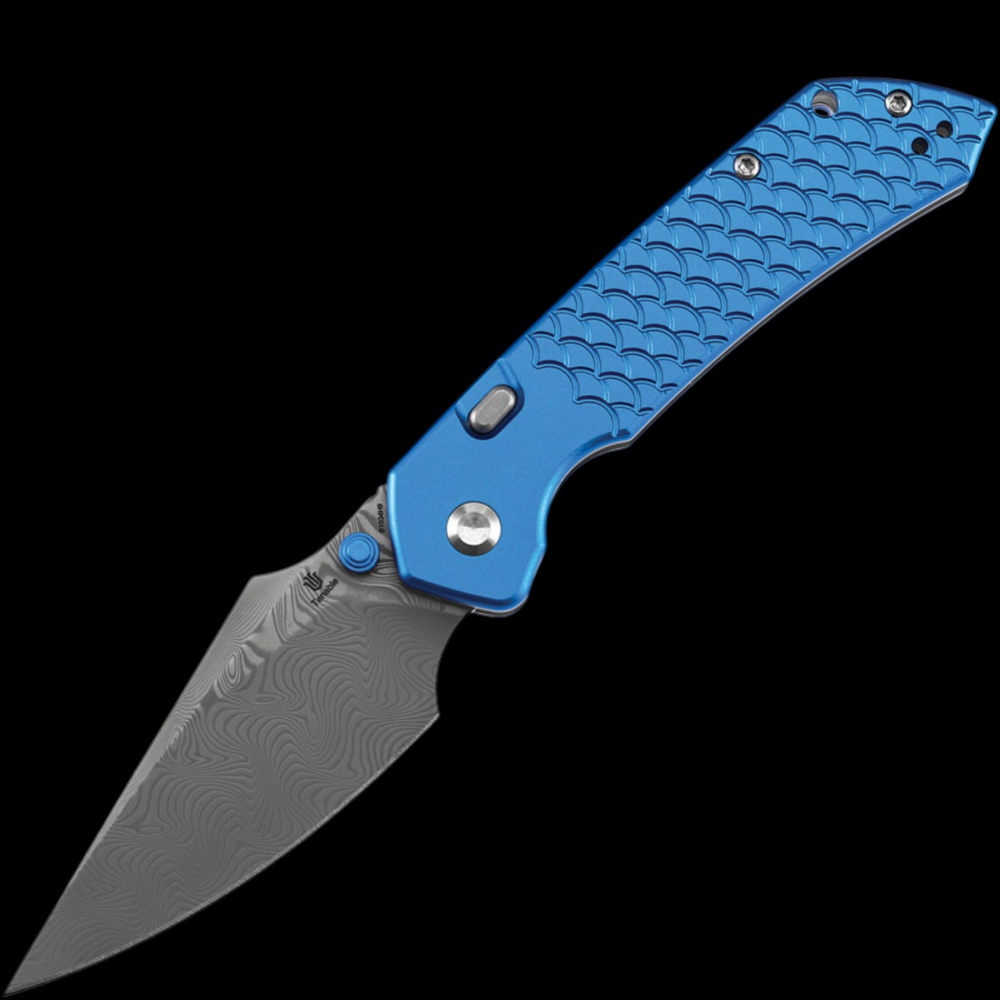 Tenable Knives Fenrir Top Liner Lock Folding Knife 3.45" Damascus Harpoon Blade, Dark Blue Anodized Aluminum Handles with Fishscale Pattern, Button Lock - B1034H9