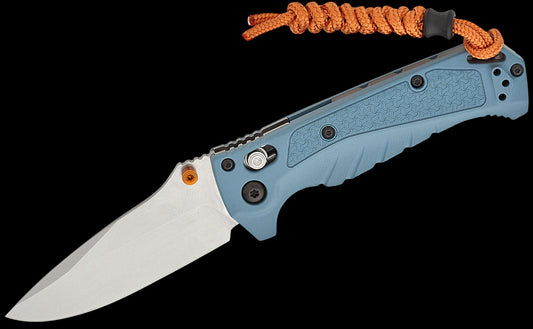 Benchmade Water Mini Adira Folding Knife 3.21" CPM-MagnaCut Stonewashed Drop Point Blade, Depth Blue Grivory Handles, Reversible Deep Carry Clip, AXIS/Crossbar Lock - 18065
