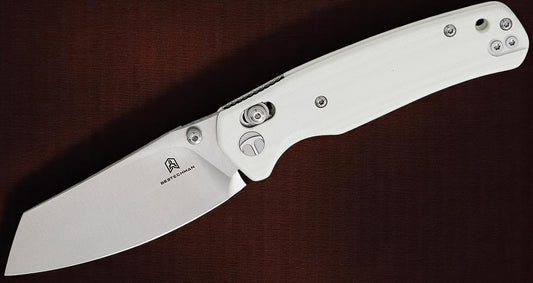 Bestechman Cicada's Wing B-Lock Folding Knife 3.15" Satin Reverse Tanto Blade, White G10 Handles, AXIS/Crossbar Lock - BMK06L