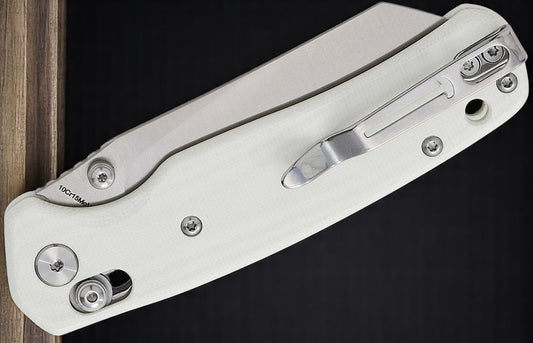 Bestechman Cicada's Wing B-Lock Folding Knife 3.15" Satin Reverse Tanto Blade, White G10 Handles, AXIS/Crossbar Lock - BMK06L