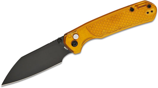 CJRB Cutlery Pyrite-Light Button Lock Folding Knife 3.34" AR-RPM9 Black Wharncliffe Blade, Amber FRN Handles - J1945-AMB