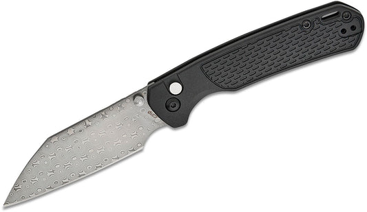 CJRB Cutlery Pyrite-Light Button Lock Folding Knife 3.34" "Rose" Damascus Wharncliffe Blade, Black FRN Handles - J1945D-BK