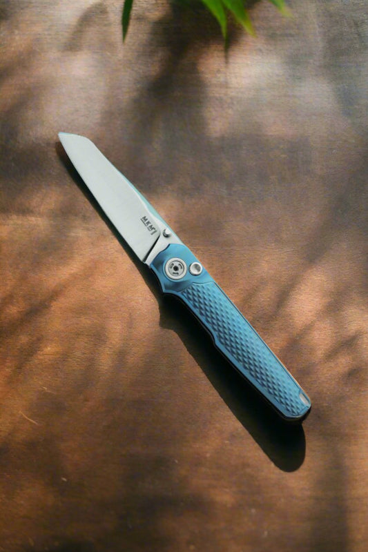 MKM LionSteel Simone Tonolli Miura Button Lock Folding Knife 2.72" M390 Satin Reverse Tanto Blade, Blue 3D Machined Integral Titanium Handles - MK MI-TBL